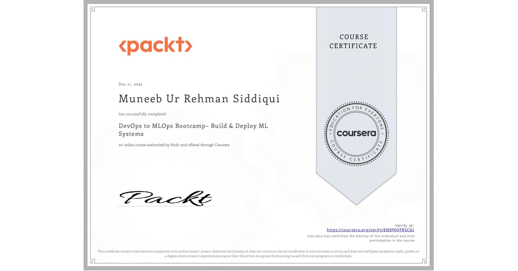 DevOps to MLOps Bootcamp certificate